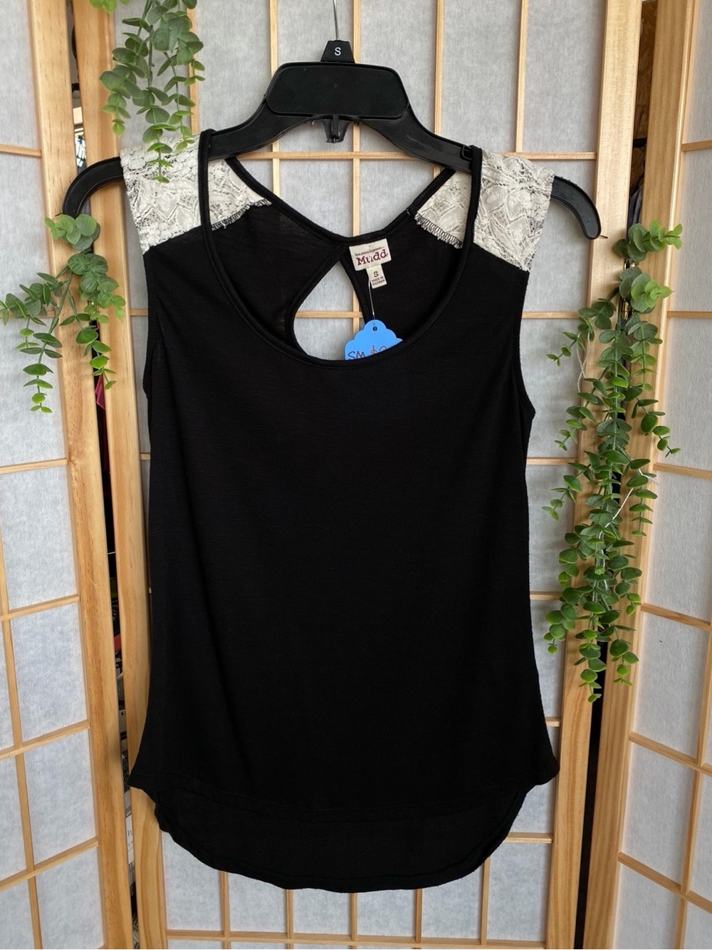Mudd Black Tank Top with Cream Lace Shoulders